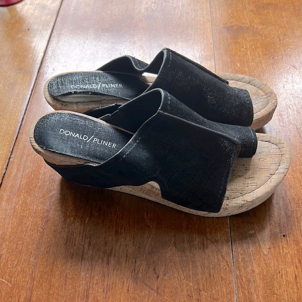 Black sparkle suede cork wedges